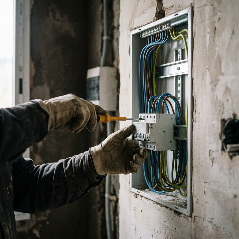 Un electricista con guantes de trabajo montando las llaves térmicas de un tablero embutido en la pared de una obra