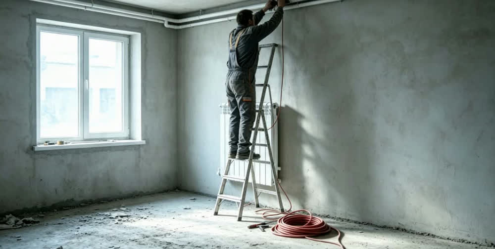 Instalador parado en los últimos escalones de una escalera de tijera, con los dos brazos por encima del hombro trabajando sobre una cañería junto al techo, la escalera apoyada sobre un contrapiso irregular con escombro y un rollo de caño en el piso