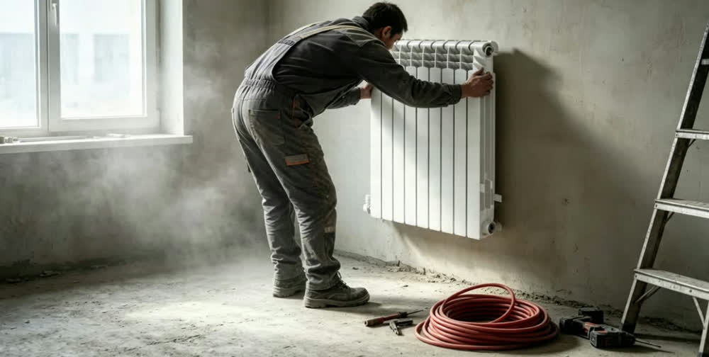 Instalador inclinado hacia adelante, con la espalda casi horizontal, sosteniendo con las dos manos un radiador de aluminio por elementos mientras lo calza contra la pared