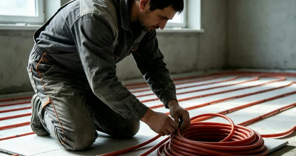 Instalador arrodillado sobre el panel aislante de un piso radiante, fijando con las manos el caño flexible mientras el serpentín ya tendido se pierde hacia el fondo del ambiente