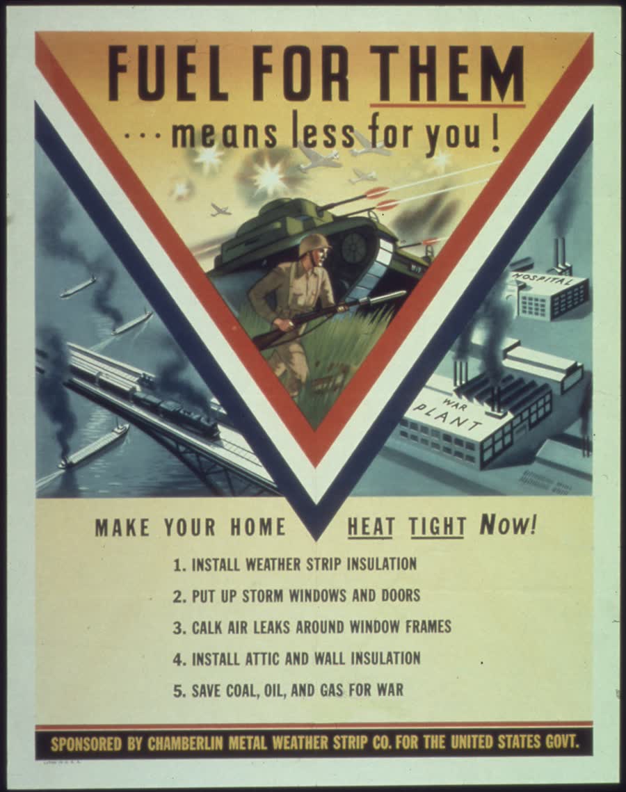 Afiche estadounidense de la Segunda Guerra Mundial titulado Fuel for them means less for you, con instrucciones para hacer la casa hermética al calor