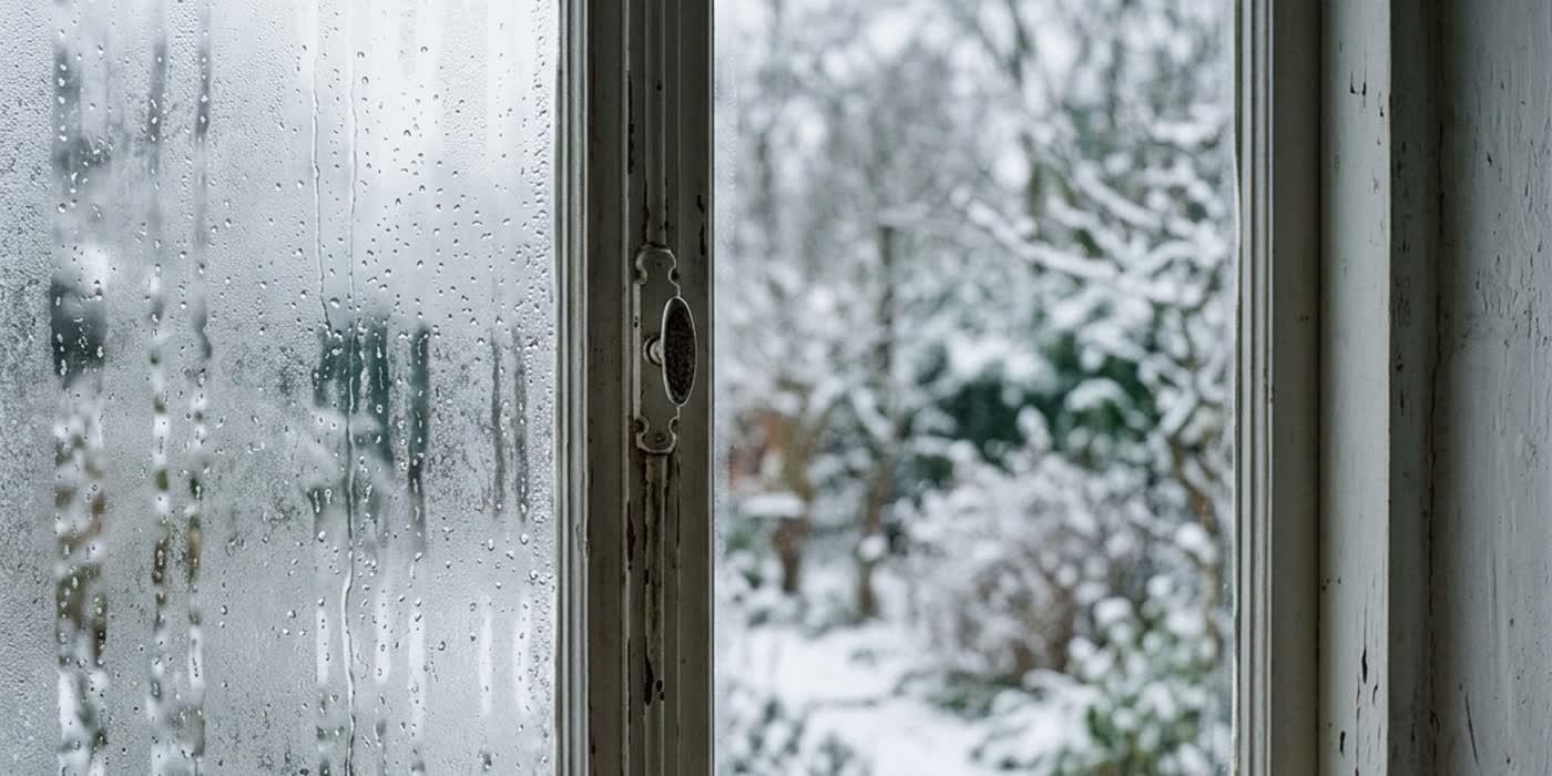 Ventana antigua de madera vista desde adentro en un día frío, con el vidrio cubierto de condensación y gotas deslizándose, y el jardín nevado desenfocado del otro lado