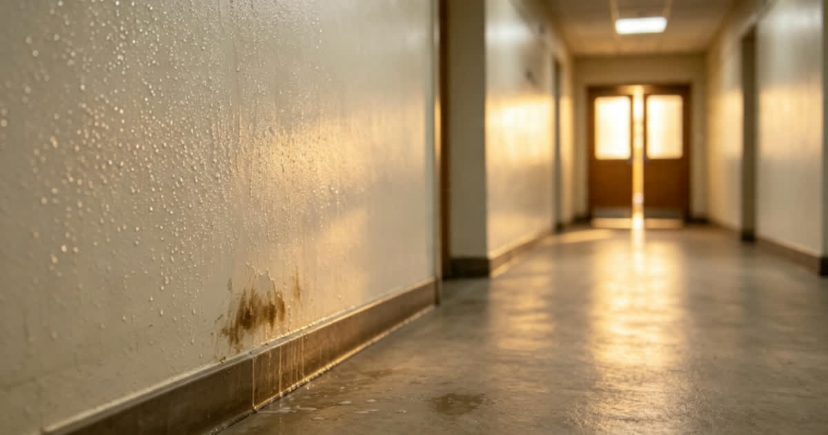 Pasillo interior de un club con la pared del primer plano cubierta de gotas de condensación y una mancha de humedad junto al zócalo, y al fondo del pasillo una puerta doble entreabierta