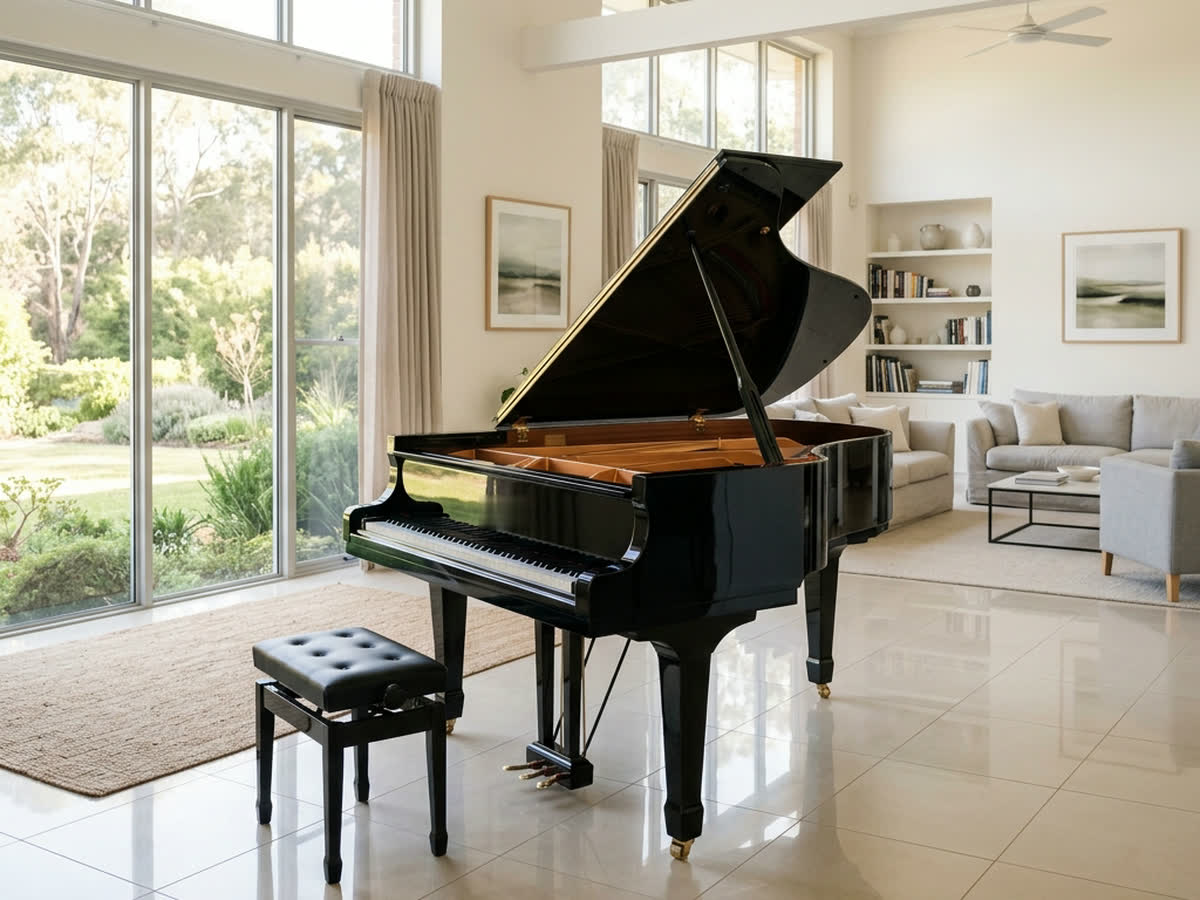 Piano de cola negro sobre un piso liso y brillante, en una sala luminosa con ventanales y techo alto