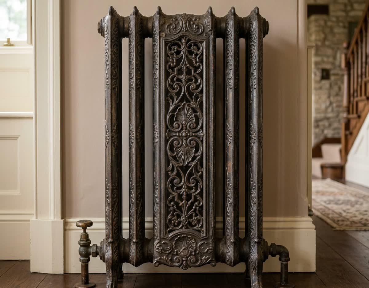 Radiador de fundición antiguo de columnas, ornamentado, contra la pared de una casona de principios del siglo XX