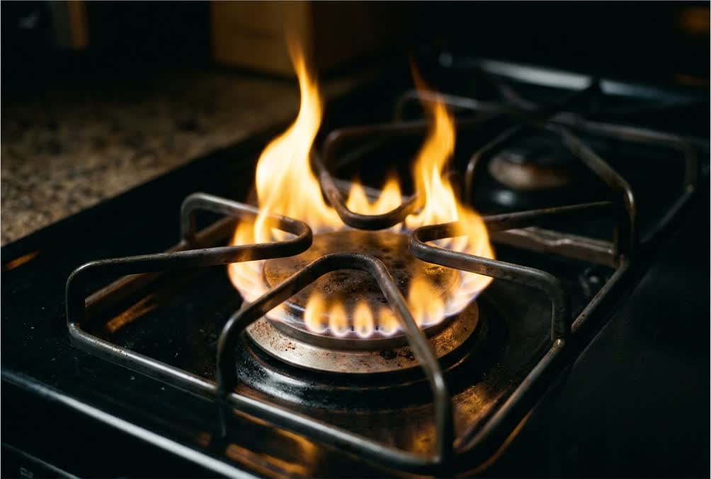 Quemador de cocina a gas con la llama ardiendo amarilla y anaranjada, con un resto de anillo azul en la base