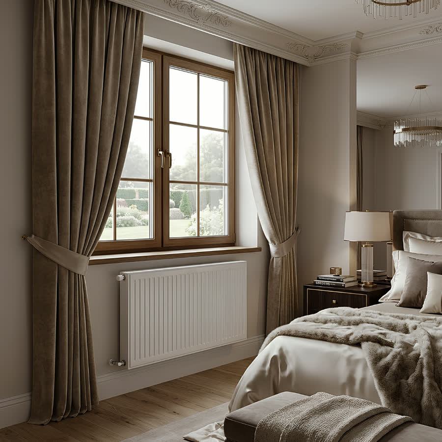 Dormitorio de una vivienda señorial: bajo la ventana, un radiador de paneles blanco montado sobre la pared, con la cama y la mesa de luz a un costado